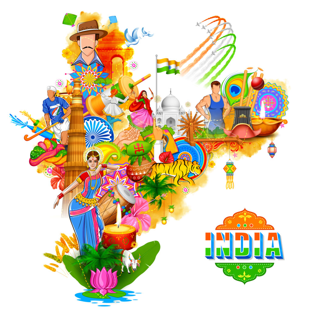 illustration of India background showing its incredible culture and diversity with monument, dance and festival